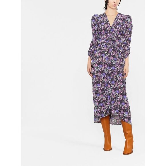 Isabel Marant Albini Floral Silk Midi Dress in Purple Black Size 36 - Picture 1 of 10